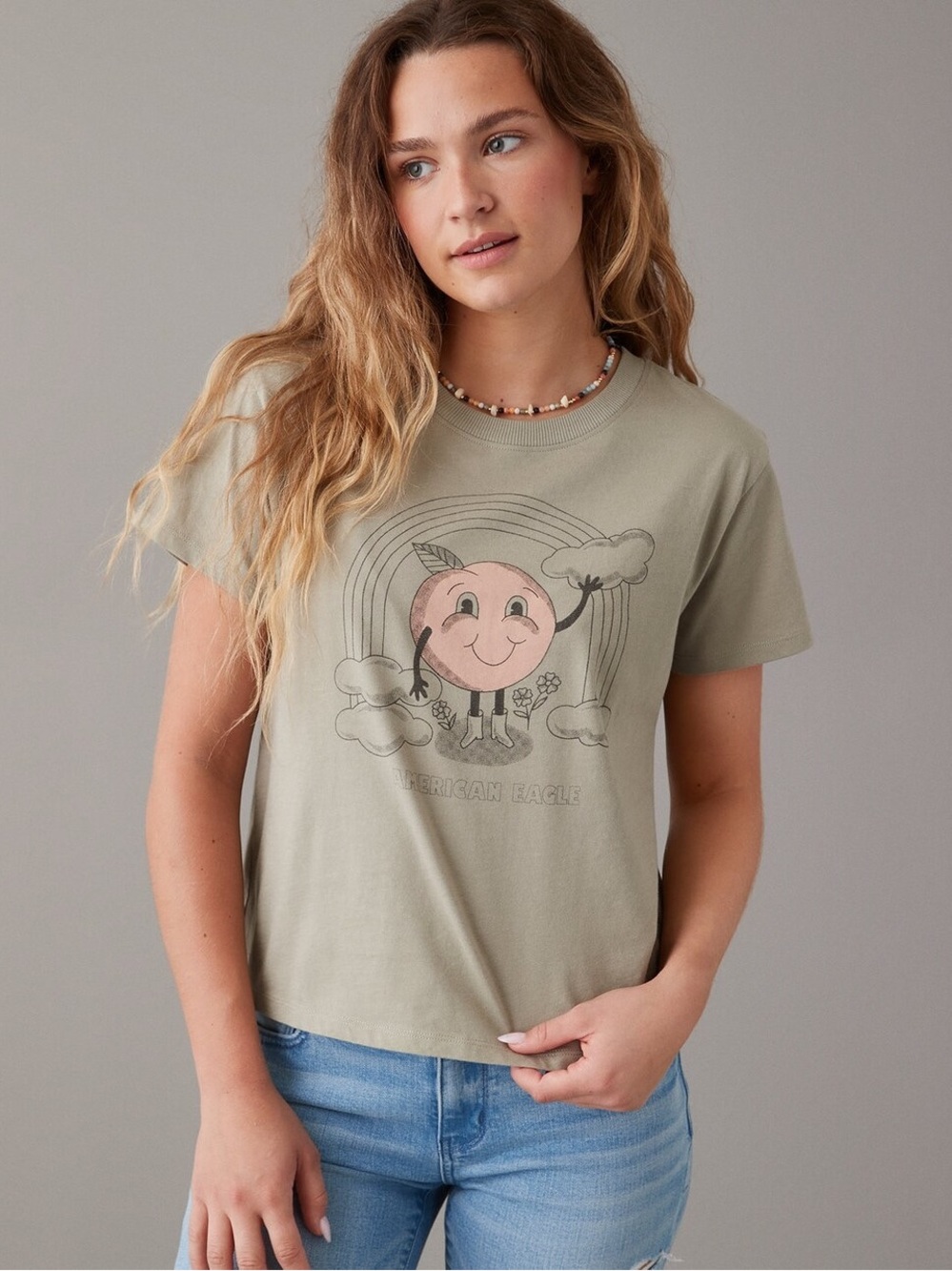 American Eagle Outfitters Olive Green Tee with Peach Graphic